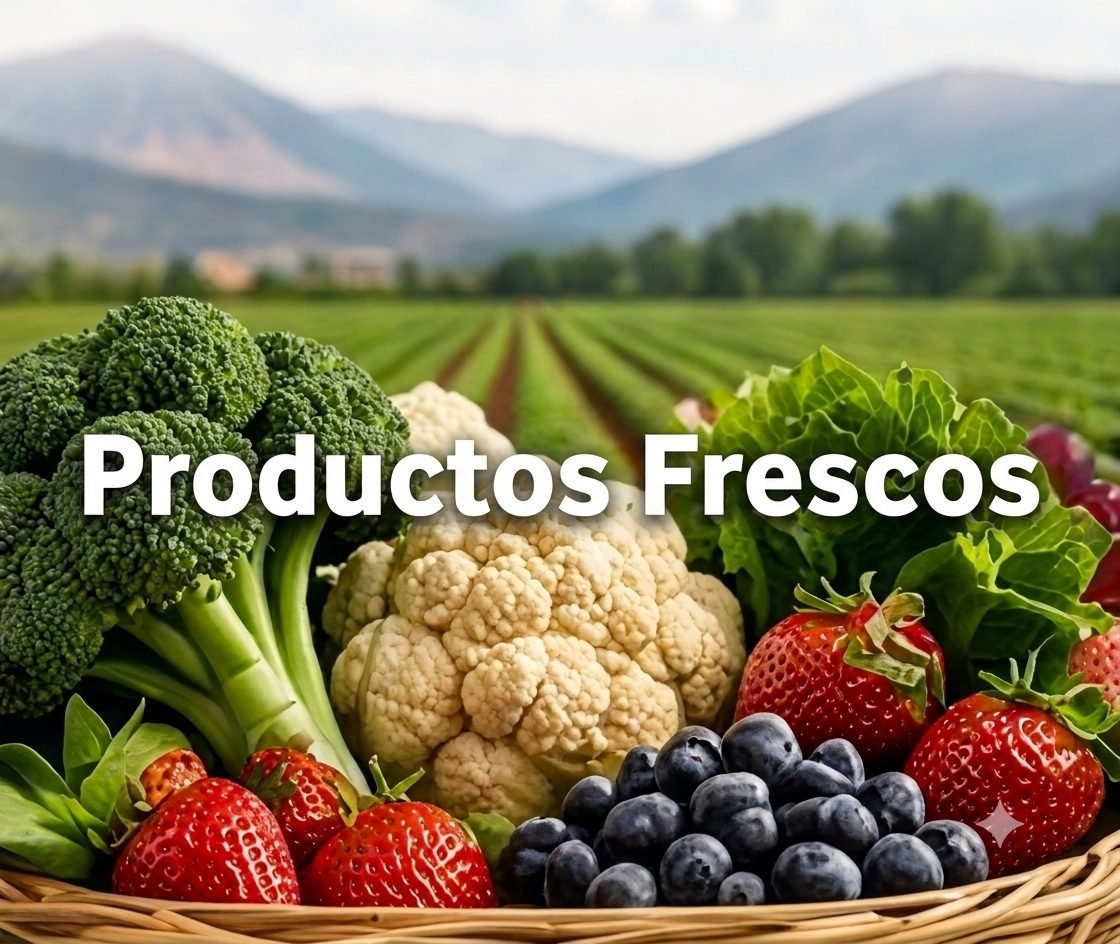 Brocoli, coliflor, lechuga y berries frescos en canasta frente a un campo de cultivo
