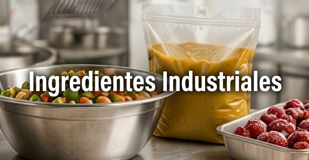 Vegetales en cubos, pure en bolsa industrial y fresas congeladas en cocina de acero