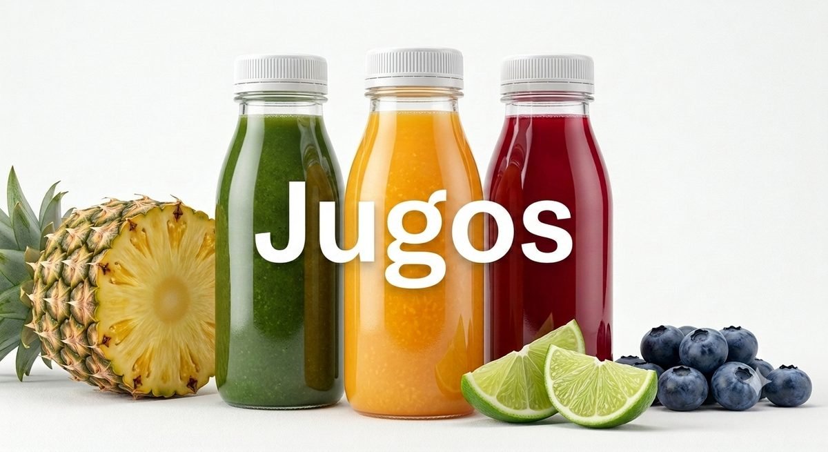 Tres botellas de jugo verde, naranja y rojo junto a pina, limon y arandanos