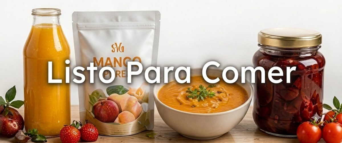 Botella de jugo, bolsa de pure de mango, sopa y conserva en frasco