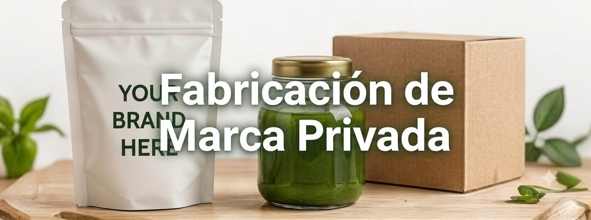 Bolsa doypack en blanco, frasco de pure verde y caja de carton sobre tabla de madera